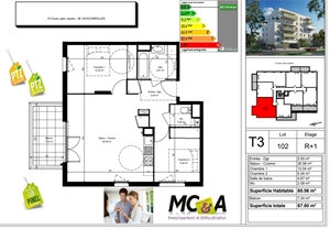 t3 à la vente -   38130  ECHIROLLES, surface 60 m2 vente t3 - UBI444260456